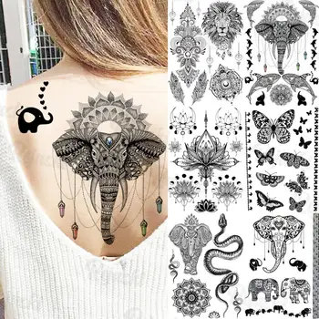 Временни татуировки под формата на слон с окачване от къна, За жени, мъже, Лъв, пеперуда, Змия перо, фалшива татуировка, стикер, бляскава татуировка на гърба, тяло