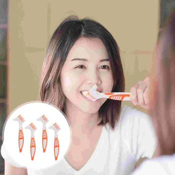 4 Твърди четки за зъбни протези, Двустранно Многопластова косъм, четка за почистване на зъбни протези (оранжев)