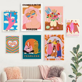 Мультяшная Абстрактна Ваза, Розово танц плакат с това сладко момиче, Дъгова Любов, феминистское изкуство, печат върху платно, подарък за жена на Ден, Боядисване на стаите, Домашен декор