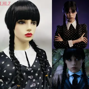 Синтетични перука за cosplay Movie Wednesday Addams, женски дълга коса с бретон, огнеупорни сплетен перука за момичета на Хелоуин