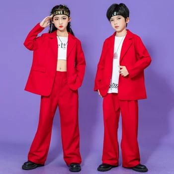 Детски червен блейзър, костюми, панталони, костюм за изяви в стил хип-хоп, дрехи за джаз танци, облекла за момчета-тийнейджъри, дрехи за сцената, Празнична премяна BL10183