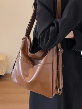 Дамски голяма кожена чанта през рамо в стил ретро, дамски чанти 2024, Корейската мода Y2K, нова чанта през рамо с голям капацитет
