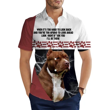 HX Модерен Мъжки Ризи Кафяв Питбул Светкавица Ежедневни Риза с 3D Принтом Летни Ризи с Къс Ръкав за Мъже, Облекло Camisa