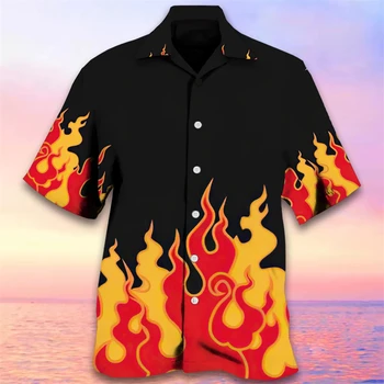 2024 Мъжка Риза с 3D Принтом Пламък, Хавайски Ежедневни Риза С Къси Ръкави, с Модерна Риза С Ревера За Почивка на Плажа, Мъжка Лятна Риза, Дрехи