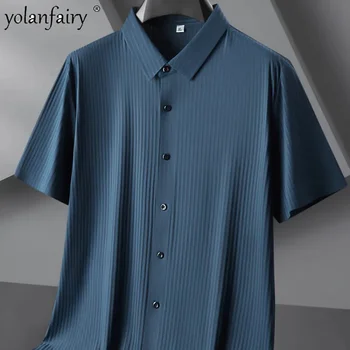 По-големи размери, лесен луксозен безшевни коприна с къс ръкав, мъжки ризи в тъмна ивица, FCY