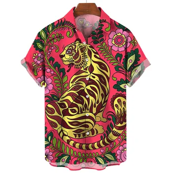Риза с 3D принтом на животното, леопард и тигър, Лятна мода ежедневни риза с къс ръкав за мъже, улични ризи голям размер дрехи