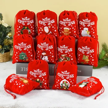 1 бр. Коледни смешни тъканни чанти дантела прозорци с мультяшными джобове, опаковки за шоколадови бонбони, червена шапка на снежен човек, подаръчни пакети с елени за деца