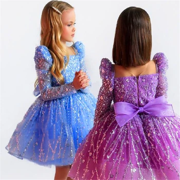 Прекрасно газово дантелено рокля с пайети за момичета в цветенце, рокли на принцеси за първо причастие, детски подарък-изненада за рожден ден