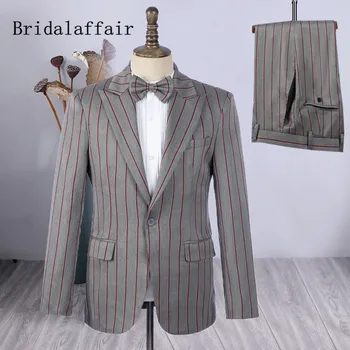 Bridalaffair мъже сиво райе елегантен костюм сако за мъжете сватбен костюм сако, панталон комплект от 2 елемента мъжки смокинги костюм набор от